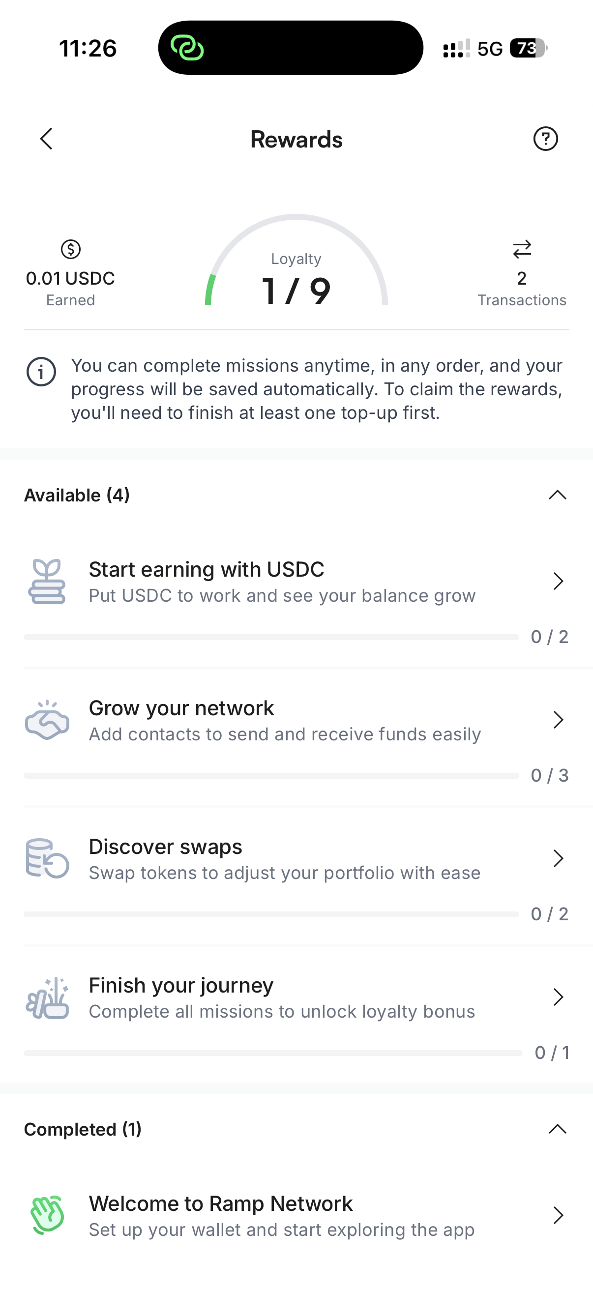Rewards: 0.01 USDC earned
